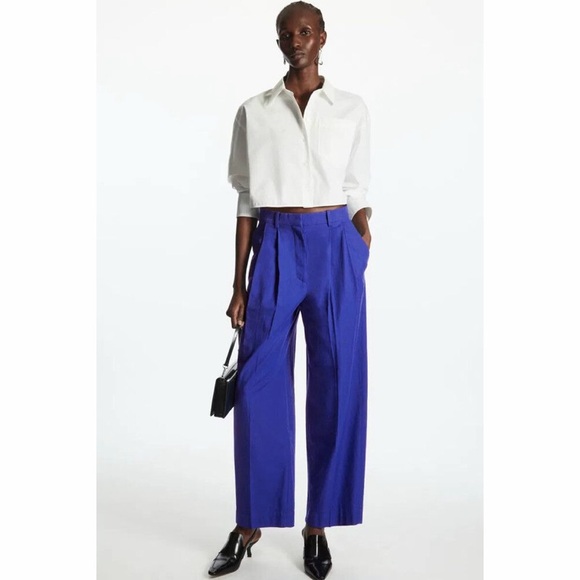 NWT COS Wide Leg Pleated Pants Blue Lightweight Wool Trouser High Rise Size 4